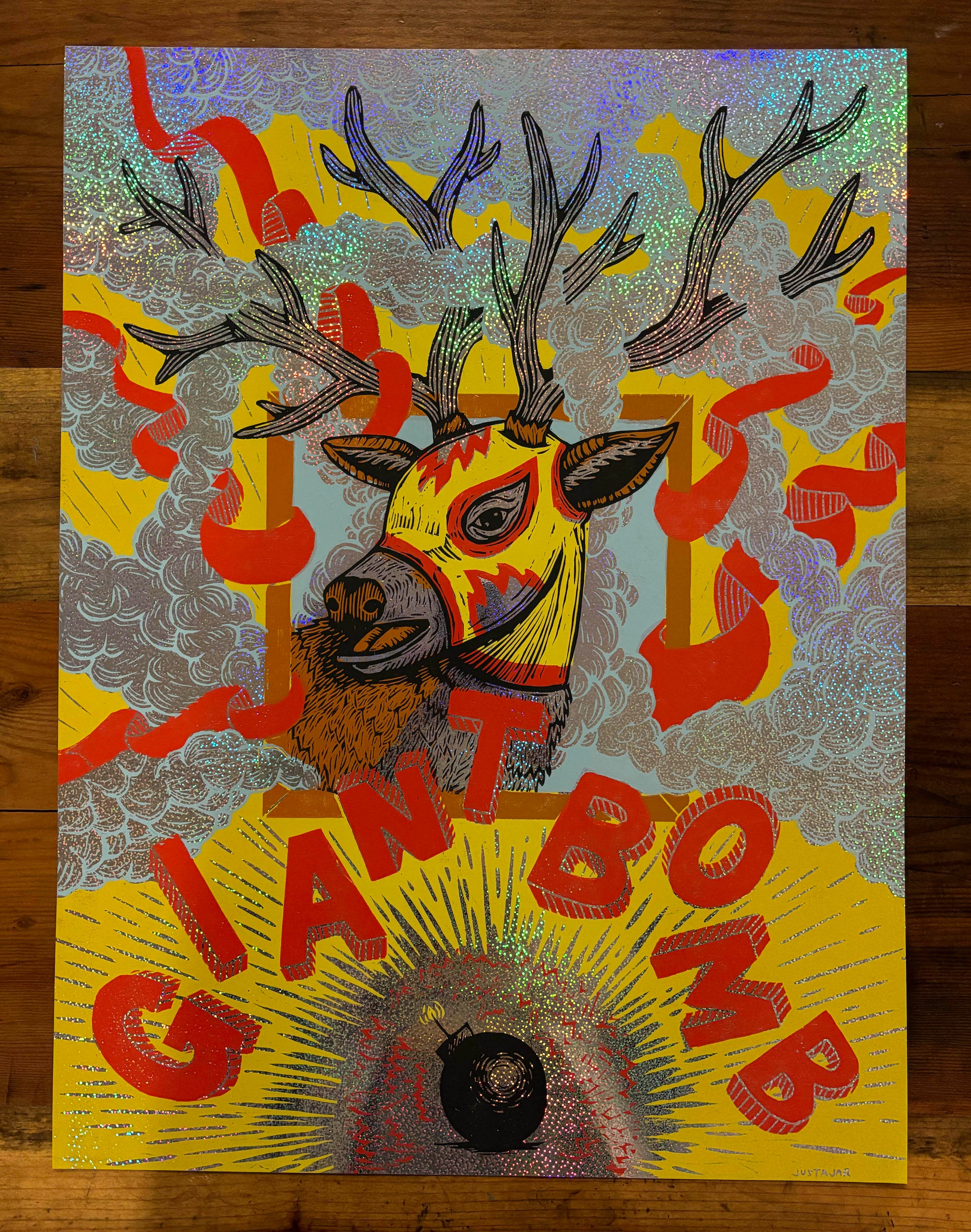 Giant Bomb x JustAJar Woodcut Poster (holofoil numbered/signed variant)